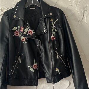 Jou Jou Black Faux Leather Floral Moto Jacket